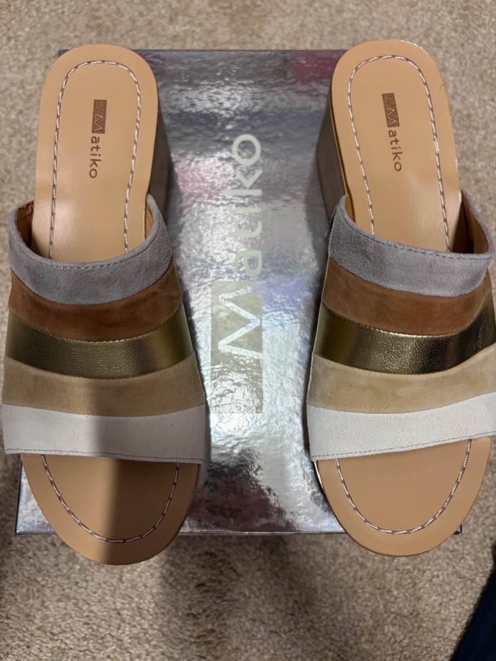 Matiko Multistrap Neutral Slide Mules in Gray, Brown & Gold